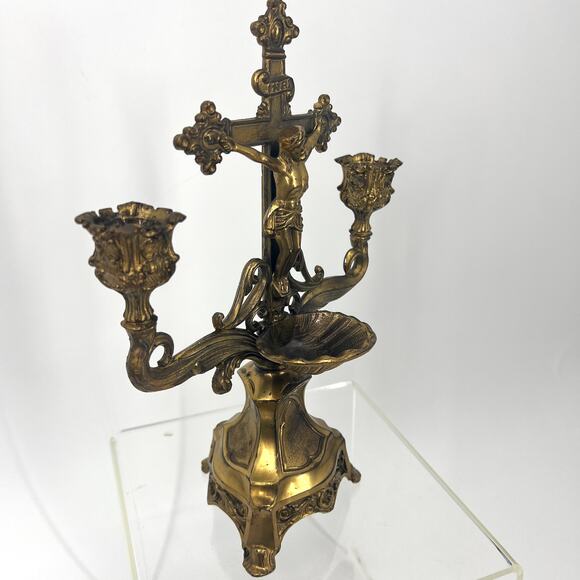 Antique Standing Crucifix Candelabra Holy Water Holder Sick Visit Last Rights - Picture 6 of 9